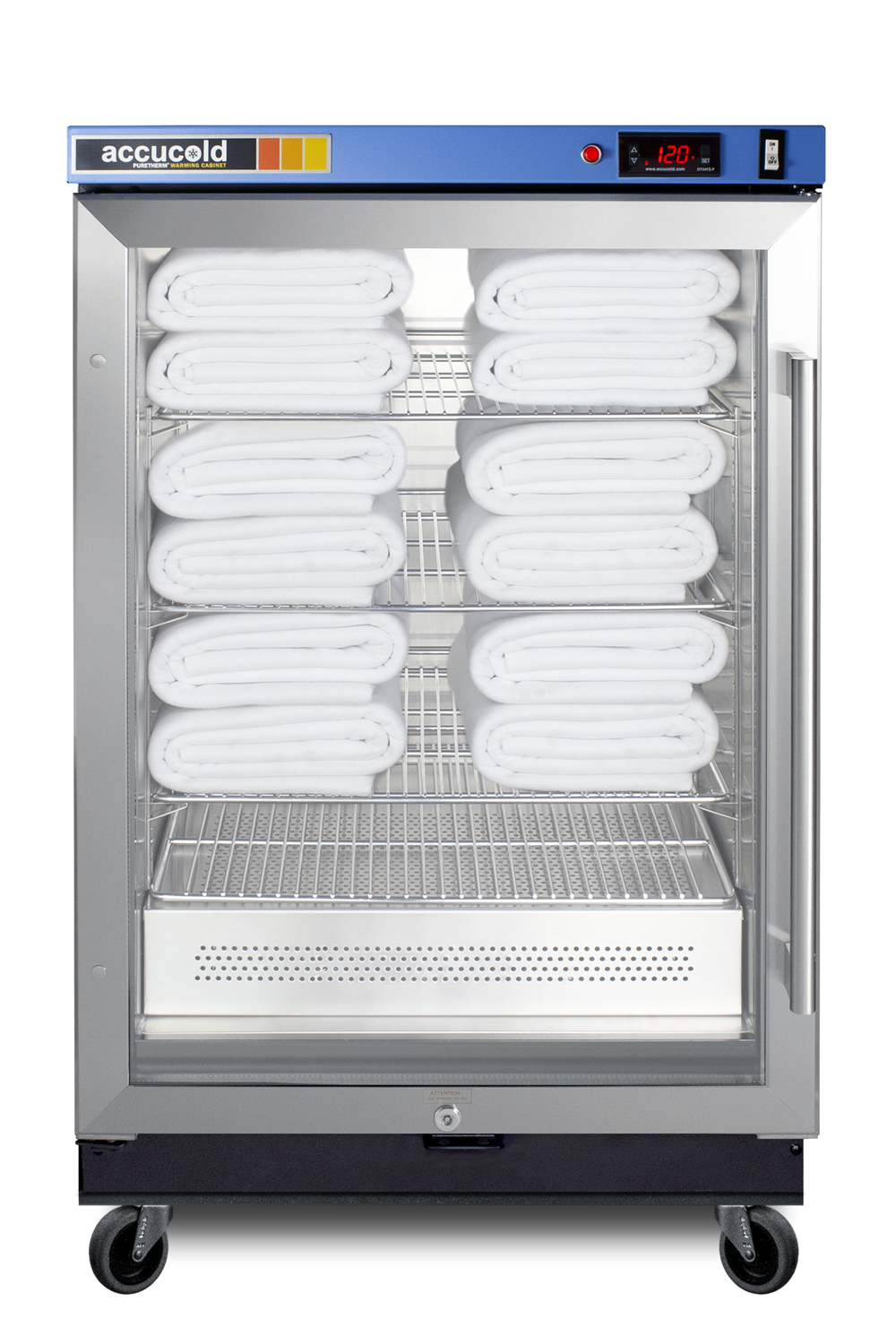 Single chamber passive heating blanket warmer with glass door, stainless steel interior and exterior, digital thermostat, and lock